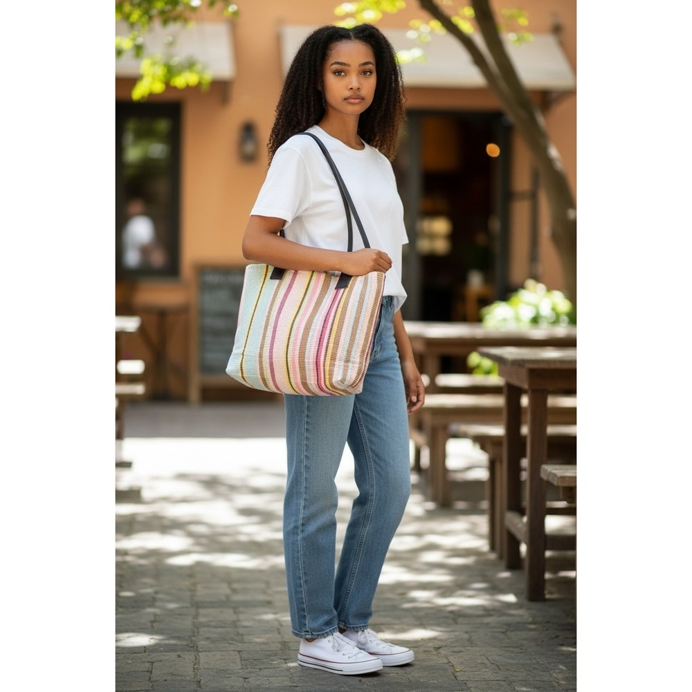Dash & Albert HandWoven Rug Co.Striped Tote Bag Multicolor Boho Leather‎ Straps
